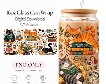 PNG-Datei mit Katzenmotiv für Buchliebhaber, gemütliche Lesekatze im Sublimationsdruck, 473-ml-Libbey-Becherfolie, digitaler Download für Kaffeeliebhaber mit Katzenmotiv