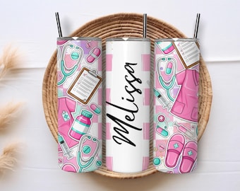 Diseño PNG para vaso de enfermera, 20 oz, diseño delgado para sublimación, regalo personalizado rosa para enfermera, regalo personalizado para estudiante de enfermería