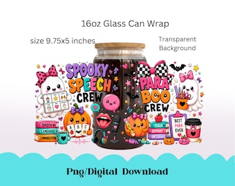 Gruselige Sprachlern-Crew: 16-oz-Glasdosen-Folie (PNG), Halloween-Sublimation für Sprachtherapeuten und AAC-Nutzer, niedlicher Geist (Libbey) – digitaler Download