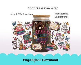PNG-Datei für christliche Buchliebhaber (473 ml Glasdose), Sublimationsdruck für Bibelstudium und Glaubensleser, digitaler Download für Libbey-Becher mit Blumen- und Schmetterlingsmotiv