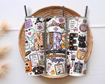 Halloween Nurse 20oz Skinny Tumbler Wrap PNG, Cute Spooky Nurse Sublimation Design, Medical Halloween Digital Download
