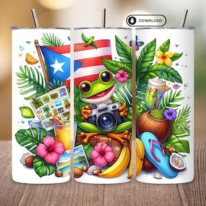 May include: White tumbler featuring a vibrant illustration of a frog with a camera, Puerto Rican flag, tropical flowers, and vacation imagery. Includes a download button and a straw.