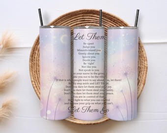 Envoltura para vaso "Déjalos ir", 20 oz, delgada, PNG, pastel, cita inspiradora, diseño de diente de león motivacional, estética suave, sublimación, descarga