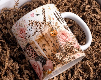Halloween Coffee Vibes Pink Leopard Print Coffee Lover Gift, Mug Wrap PNG11oz 15oz Coffee Cup Sublimation Design, UV DTF, Digital Download