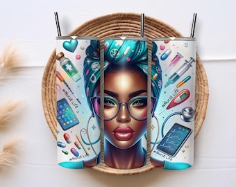 Envoltura para vaso delgado de 20 oz de Nurse Life PNG, diseño de sublimación de moño afro desordenado para enfermeras