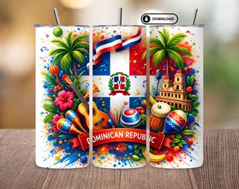 Dominican Republic Tumbler Wrap PNG | 20oz Skinny Sublimation Design | DR Flag Tropical Music Art | Caribbean Digital Download