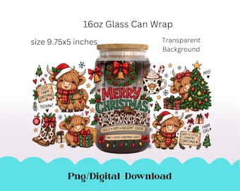 Weihnachtsmotiv mit Hochlandrindern: 16-oz-Glasdosen-Verpackung (PNG), Weihnachtsmotiv mit Cowgirl-Motiv (Sublimation), Landhausstil (Libbey Digital Download)