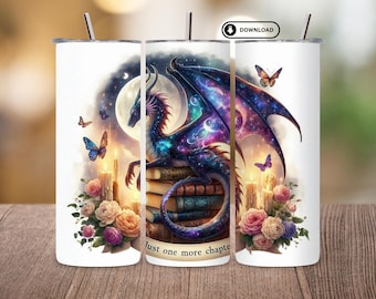 Just One More Chapter Dragon Tumbler Wrap PNG | Book Lover 20oz Skinny Sublimation Design | Seamless Fantasy Reading Digital Download