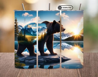 Bear Hunting Tumbler Wrap PNG | Mountain Forest 20oz Skinny Sublimation Design | Nature Lake Scene Tumbler for Men | Digital Download