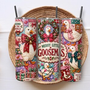 May include: Three cylindrical tumblers with black straws featuring a Christmas-themed patchwork design. The print displays white geese, red bows, holly wreaths, and presents. Text includes "HONK THE HALLS" and "MERRY LITTLE GOOSEMAS" in red and green.