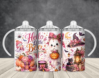 Pinkfarbene Halloween-Trinkbecher-Hülle (PNG), niedliches Geister-Kürbis-Sublimationsdesign (350 ml), verspielter digitaler Download