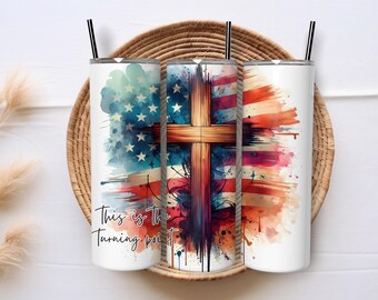 Patriotic Christian Tumbler Wrap 20oz Skinny Straight PNG American Flag Cross Sublimation Design Faith Based Gift Digital Download