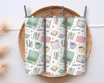 Pastel Office Tumbler Wrap 20oz Skinny PNG Aesthetic Workspace Doodle Design Cute Office Supplies Planner Coffee Sublimation Download