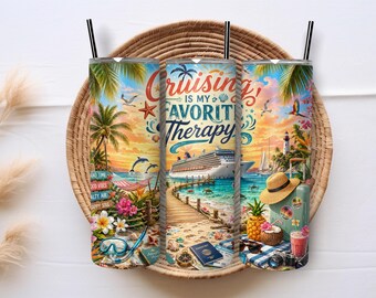 Cruising Is My Favorite Therapy 20oz Skinny Tumbler Wrap PNG, Cruise Vacation Tumbler Sublimation, Travel Lover Digital Download