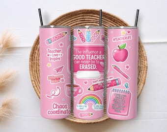 Vaso rosa personalizado para profesor, PNG, vaso delgado de 20 oz "Vida docente", diseño de sublimación escolar personalizado