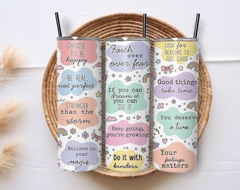 Envoltura para vaso motivacional de 20 oz, delgada, PNG, con citas inspiradoras en tonos pastel, afirmaciones inspiradoras, arcoíris, diseño de sublimación positivo.