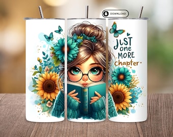 Flower Book Tumbler Wrap, 20oz Skinny Sublimation PNG, Watercolor Floral Reading Design, Sunflower Book Lover Tumbler Template