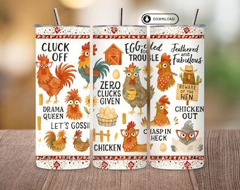 Diseño PNG para envolver vasos con diseño de pollo divertido / Diseño para sublimación de vasos delgados de 20 oz / Diseño de envoltorio con humor de animales de granja / Descarga digital PNG