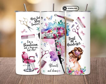 Hairdresser Tumbler Wrap PNG | Seamless Hair Salon Design | Scissors, Combs, Barber Tools | 20oz Skinny Sublimation Digital Download