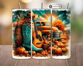Western Pumpkin Fall Tumbler Wrap PNG, Rustic Vintage Truck Sublimation Design, 20oz Skinny Autumn Tumbler PNG, Digital Download Template