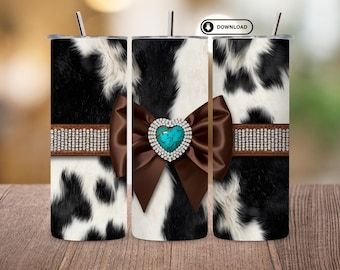 Envoltura para vaso de piel de vaca turquesa con gemas en forma de corazón PNG, diseño de sublimación de 20 oz, sin costuras, de cuero labrado con lazo coqueto, descarga digital