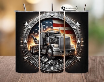 Tow Truck Driver Tumbler Wrap PNG, Patriotic Towing Sublimation Design, 20oz Skinny Tumbler Wrap, USA Flag Tow Truck Gift, Digital Download