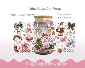 Weihnachtsente (16oz Libbey Glasdose) PNG-Folie, Lustige kokette rosa Schleifenente (Sublimation), „Honk the Halls“-Weihnachtsbecher (digitaler Download)