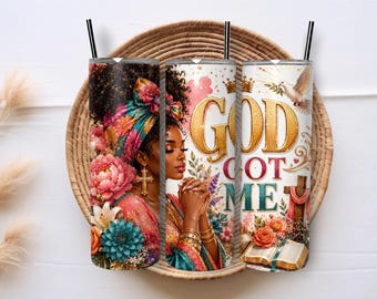 God Got Me 20oz Skinny Tumbler Sublimation PNG Wrap, Christian Black Woman Faith Floral Digital Download Design
