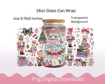 Nussknacker-Weihnachtsmotiv: 16-oz-Libbey-Glasdosenverpackung (PNG), Pink Coquette Book Lover Sublimationsdruck, Sweet Christmas Magic (digitaler Download)