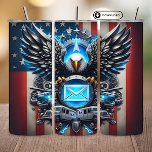 May include: A stainless steel tumbler featuring a patriotic design. The design includes an American flag, an eagle with outstretched wings, and a postal service emblem. The tumbler has a straw and a download button.