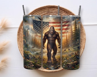 Bigfoot American Flag Tumbler Wrap PNG 20oz Patriotic Sasquatch Forest Grunge Rustic USA Sublimation Design Digital Download