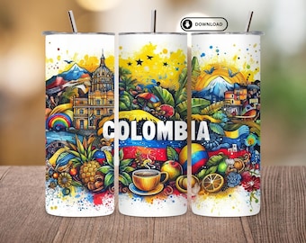 Colombia Tumbler Design PNG, Colombian Flag 20oz Skinny Tumbler Wrap, Cultural Pride Sublimation PNG, Digital Download Template