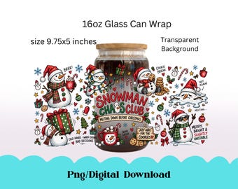 Lustige Schneemann-Weihnachts-Glasdosen-Folie (16 oz) als PNG-Datei, Schneemann Chaos Club Sublimationsdruck, Kekse- und Kakao-Weihnachtsmotiv (Libbey Digital Download)