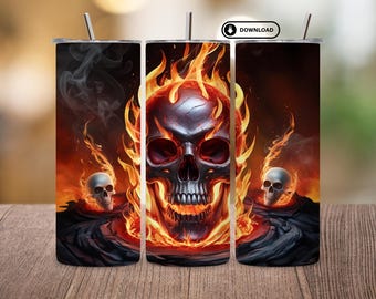 Melted Skull 20oz Skinny Tumbler Wrap PNG | Flaming Fire Skull Sublimation Design | Gothic Horror Tumbler Digital Download