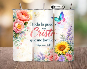 Todo Lo Puedo En Cristo Tumbler Wrap PNG, Filipenses 4:13 Spanish Bible Verse, Floral Christian Sublimation 20oz Skinny, Digital Download