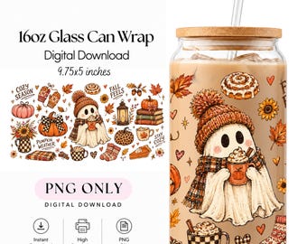 Gemütliche Herbst-Geister-Glasdosenfolie (473 ml) PNG-Design, Kürbisgewürz-Herbst-Sublimation, Niedliche Geister-Folie von Libbey, Design für die kalte Jahreszeit