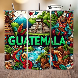 Puede incluir: Un vaso colorido con una vibrante ilustración de Guatemala. El diseño incluye un volcán, ruinas antiguas y la palabra "GUATEMALA" en verde. El vaso tiene una pajita plateada y un icono de descarga.