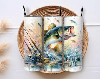 Envoltura para vaso de pesca de 20 oz, diseño PNG delgado de pescador de lubina, envoltura de deseos de pesca, regalo para amantes de la naturaleza, pesca en el lago, descarga de sublimación