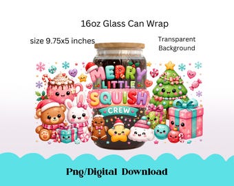 Fröhliche kleine Squish Crew 16oz Glasdosen-Etikette (PNG), Kawaii-Weihnachts-Sublimation, süße Libbey-Tassen-Etikette für die Feiertage, Pastellfarbener digitaler Download