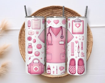 Diseño PNG para vaso de enfermera, 20 oz, diseño delgado para sublimación, regalo personalizado rosa para enfermera, regalo personalizado para estudiante de enfermería