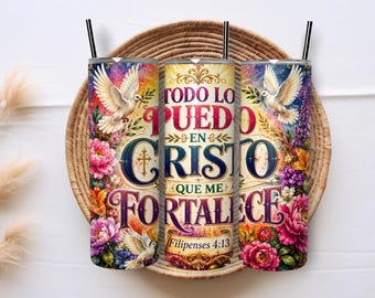 Todo Lo Puedo En Cristo 20oz Tumbler Wrap PNG, Filipenses 4:13 Sublimation Design, Spanish Bible Verse Digital Download