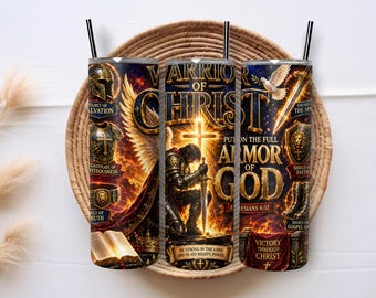 Armor of God Tumbler Wrap PNG 20oz Skinny | Warrior of Christ Cross Fire Design | Bible Verse Ephesians 6:11 Sublimation Download