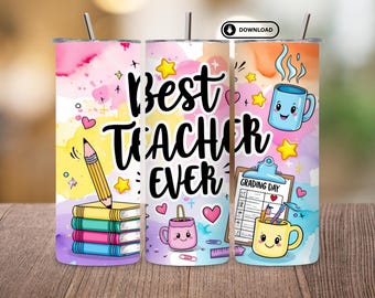 Diseño PNG para vaso térmico de 20 oz "Mejor Profesor" / Diseño de sublimación para agradecimiento a los profesores / Vaso térmico delgado para profesores de primaria / Diseño con pinceladas