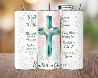 Christian Woman Tumbler Wrap PNG | Cross 20oz Skinny Sublimation Design | Faith Based Quotes Blessed Pray Bible Verse l Digital Download
