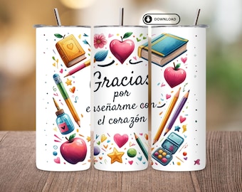 Vaso PNG de 20 oz para profesor de español, delgado / Diseño de sublimación de agradecimiento al profesor / Descarga digital perfecta para la vida del profesor