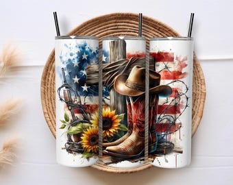 Vaso vaquero con diseño patriótico occidental de 20 oz, delgado, sublimación, bandera estadounidense, botas, sombrero, girasol, rústico, campestre, PNG, descarga