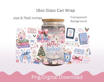 Weihnachts-Buchliebhaber-Geschenkverpackung (473 ml) für Libbey-Glasdosen (PNG), fröhliche Schleife für Bücherliebhaber (Sublimation), gemütliche Lesetasse (digitaler Download)