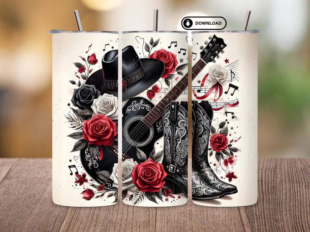 Country Cowgirl Tumbler Wrap PNG, Western Boots Hat Guitar Floral ...