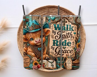 PNG-Datei für einen schmalen 20-oz-Becher für christliche Lehrer, Sublimationsdruck „Walk by Faith“ mit Hochlandrind, digitales Geschenk für Westernlehrer (Download)
