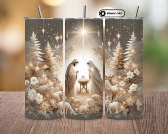 Krippe Weihnachten Tumbler Wrap PNG, 20 Unze Skinny Christian Sublimation Design, Heilige Familie Tumbler, Religiöses Weihnachten Digitaler Download